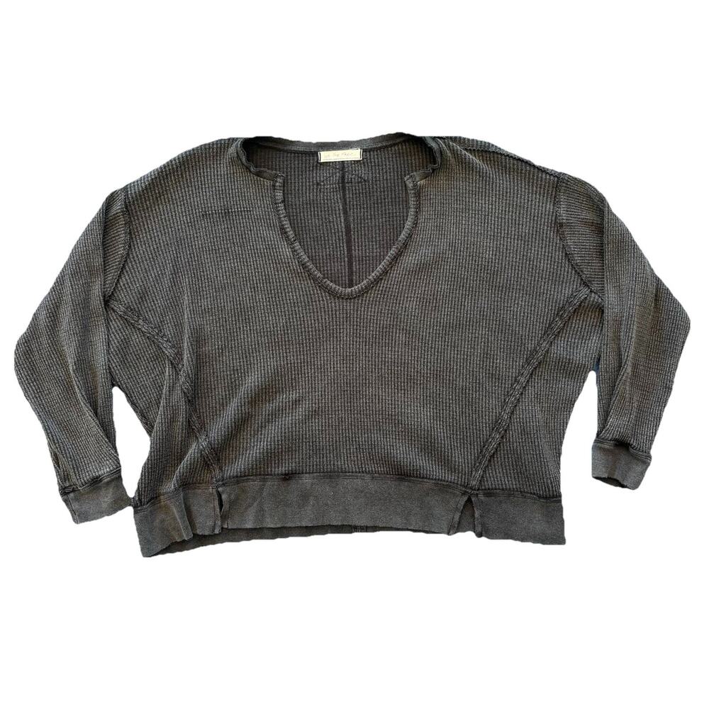 We The Free Free People Gray Thermal Knit V-Neck Crop Top XS Cottagecore Oversiz